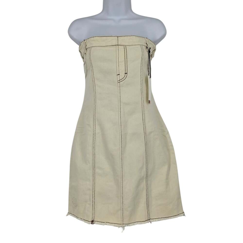 NWT Honor The Gift Bone Ivory Denim Raw Hem Strapless Mini Tube Dress Size S